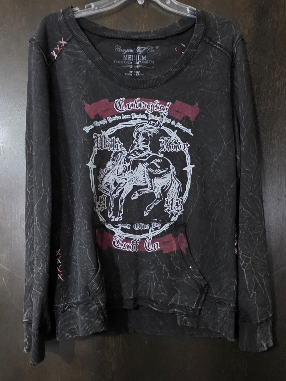 Cowgirl Tuff Signature Sweatshirt Kangaroo Pocket Black Acid Wash Women's Size M
